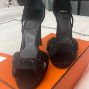 Hermes Black Suede and Glitter Embellished Crystal Ankle Strap Size 38 Sandals